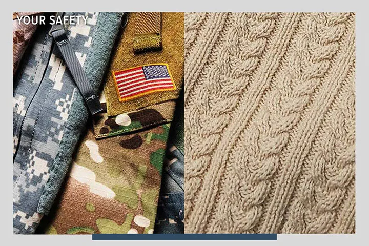 A split image of military uniform samples and a beige knit fabric. There is an overlay that says 'your health'