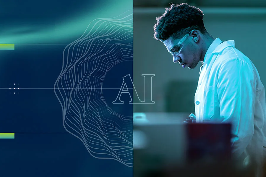 A split image with one half representing patterns and the other being a researcher. The text AI is overlayed. 