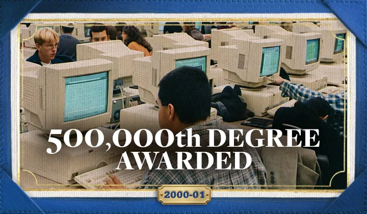 An image showing students in front of computer monitors with the overlayed text "500,000th degree awarded - 2000-1."