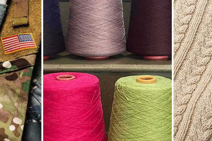 A triptych image of military clothing, spindles of colored fiber, and a knitted sweater.