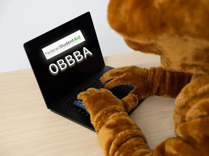Nittany Lion Mascot working on laptop.