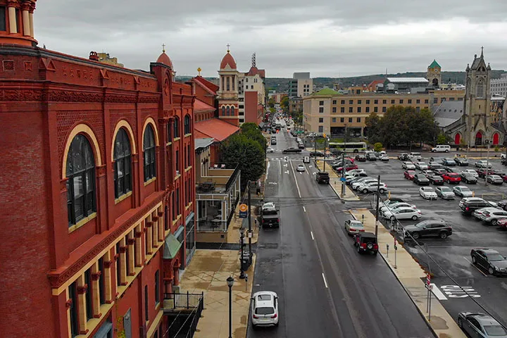 Photo of campus buildings and broader Scranton