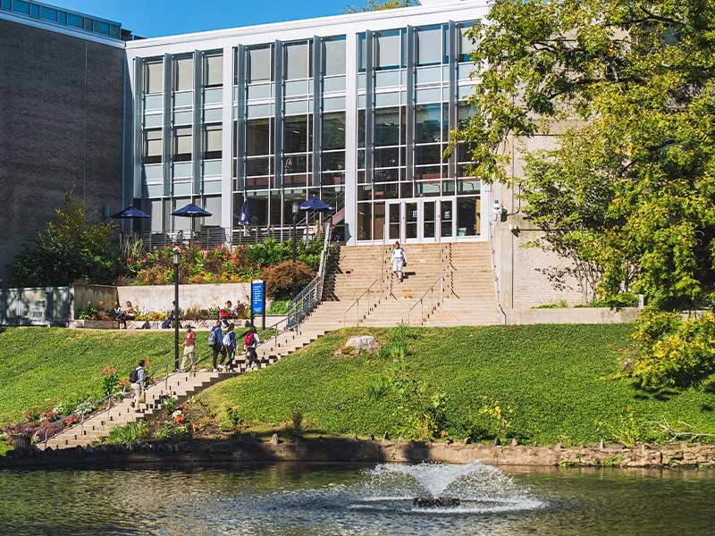 Pond and building at Penn State Abington