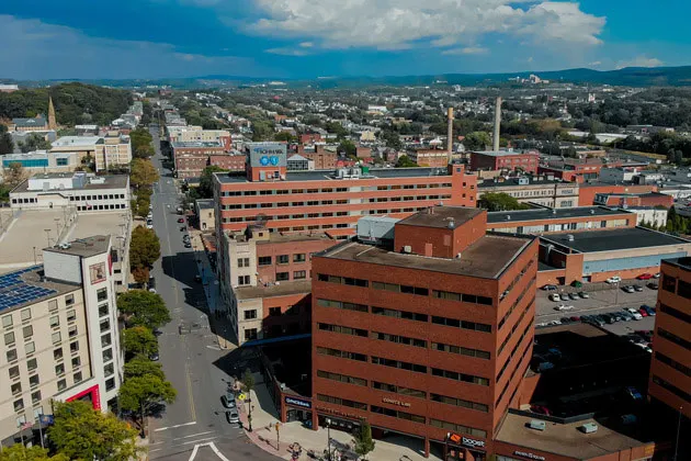 Aerial photo of campus exteriors and broader Wilkes-Barre