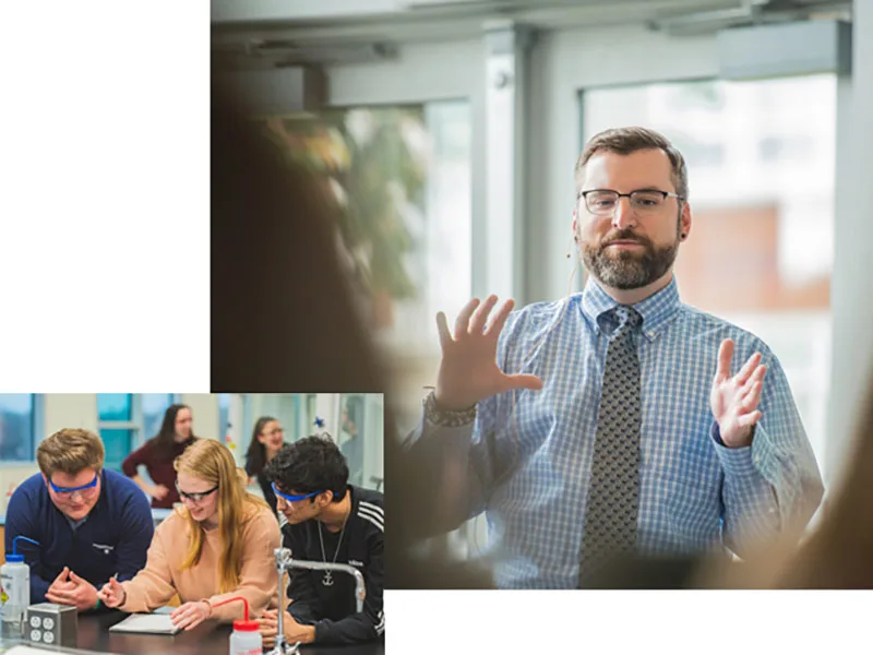 Split scenes of students in a lab and an instructor teaching