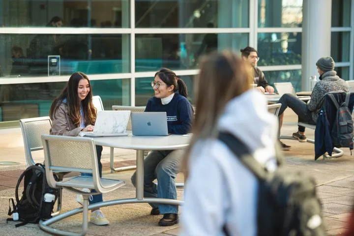 Students studying at an outdoor table while others walk by. 