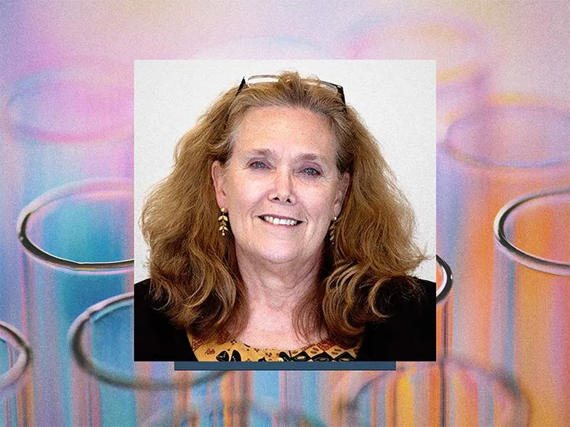 Headshot of Pamela Cole overlayed on test tubes.