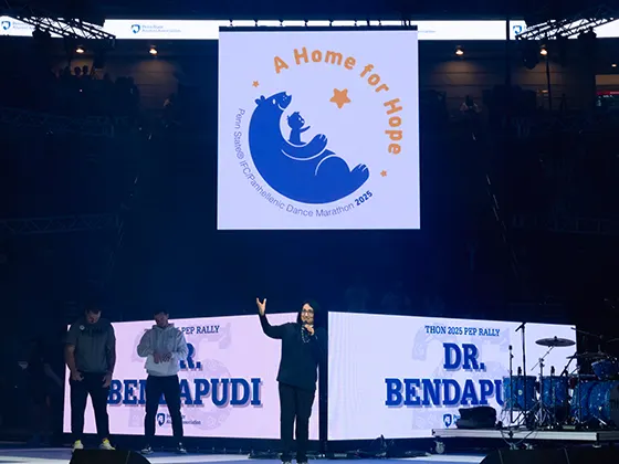 Neeli Bendapudi speaking on stage at Penn State THON