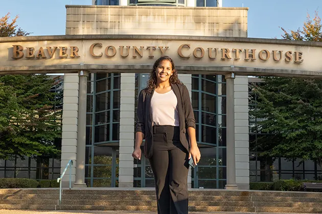 A student outside of the Beaver County Courthouse
