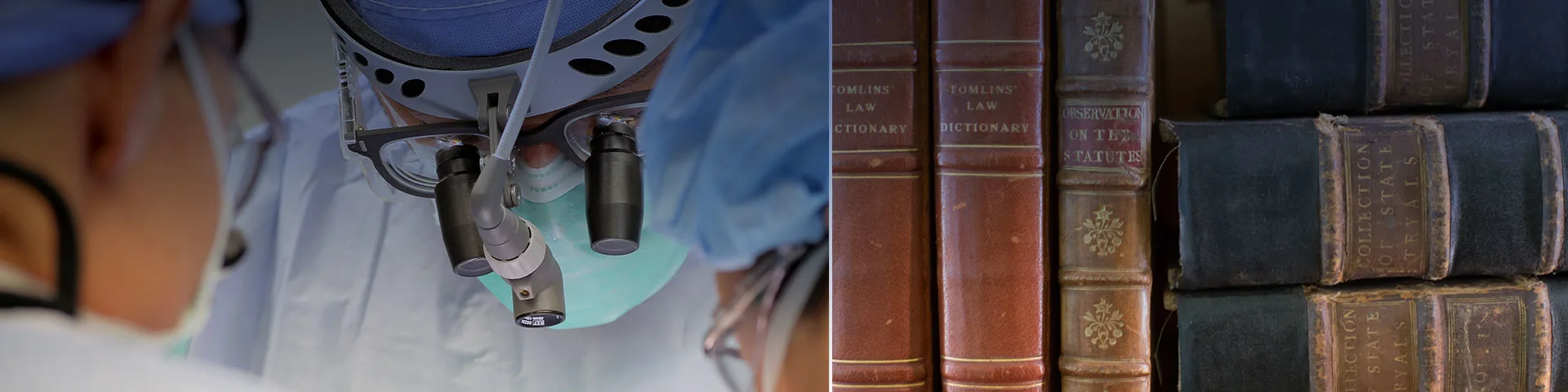 Side-by-side images of medical professionals and a stack of books