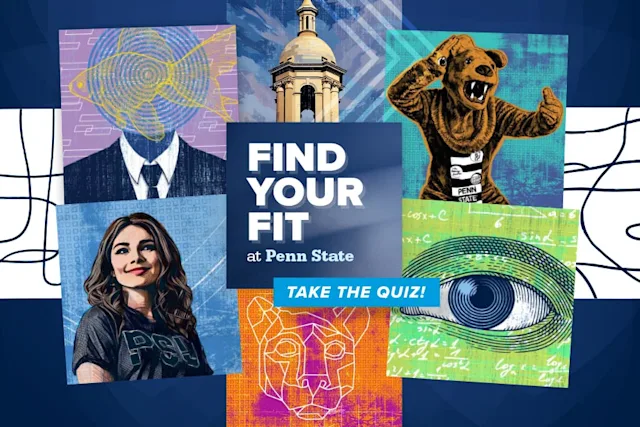Collage of Penn State art with text 'Find Your Fit at Penn State' and a blue button that says 'Take the Quiz!'.