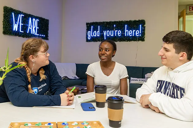 Students sitting in a lounge talking and working