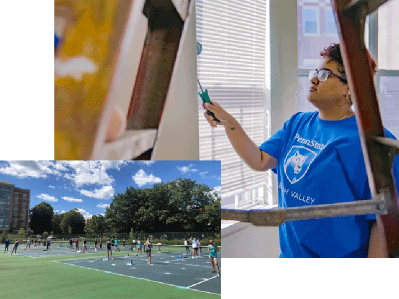 A collage of two photos: on the left, students in masks join together for an outdoor yoga session. On the right, a Penn State Lehigh Valley student paints a wall for a community service project.