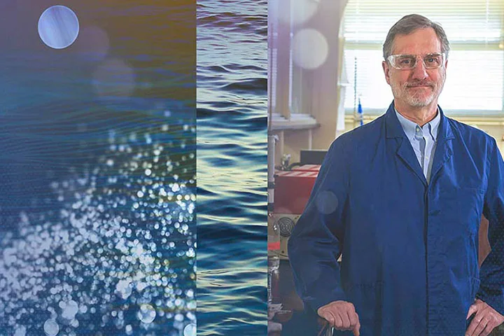 Three combined images of person with safety goggles, ocean and moon, and water