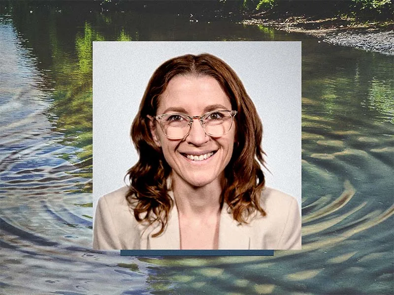 Anne Pisor headshot overlayed on a pond