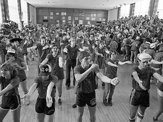 Historic photo of students dancing at one of the first Penn State THON events