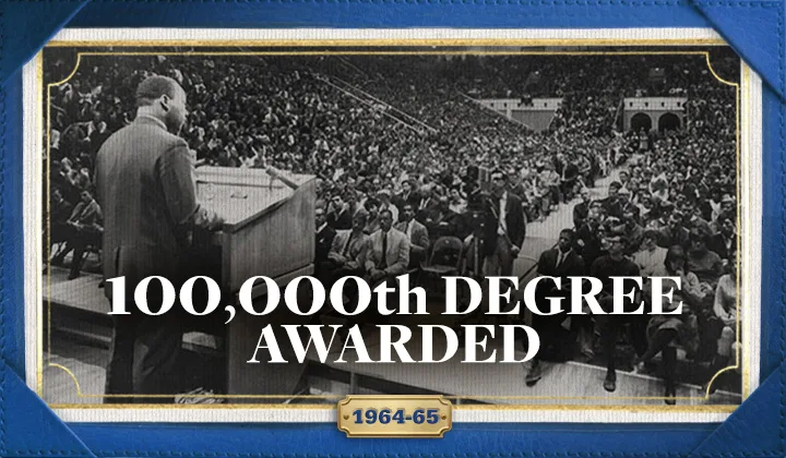 The Rev. MArtin Luther King Jr. standing at a podium in front of a large crowd at Penn State with overlayed text reading "100,000th degree awarded, 1964-65."