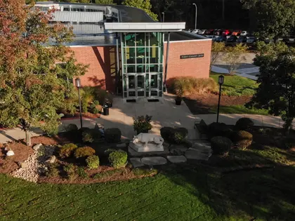 A birds-eye view of the lawn and lion shrine at Penn State Greater Allegheny.