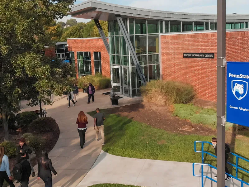 A birds-eye view of the lawn and lion shrine at Penn State Greater Allegheny.