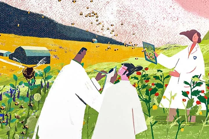 Illustration of scientists on a farm with honey bees and tomatoes