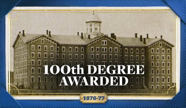 The exterior of the original Old Main building with the text "100th degree awarded: 1876-77."