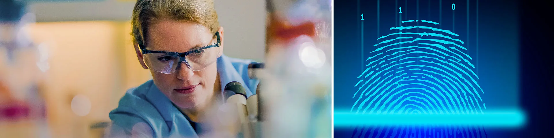 Two images. Research in a lab and the other is of a finger print