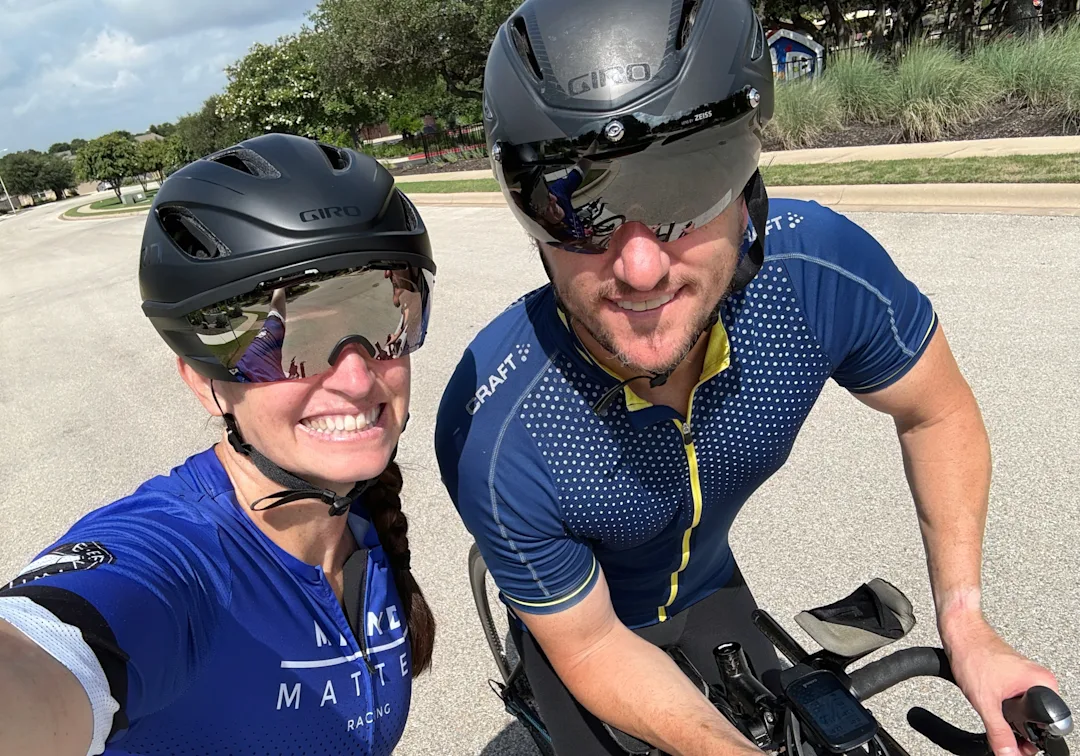 Nancy Rehm selfie with husband outside on a bike