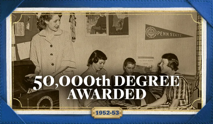 A group of students inside a door room with overlayed text reading "50,000 degree awarded 1952-53."