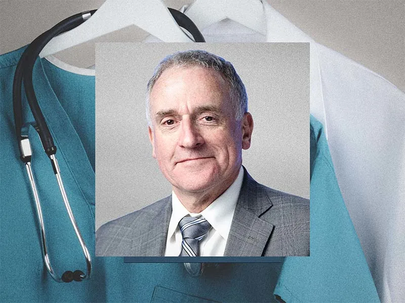 Andrew Read headshot overlayed on hanging scrubs and stethoscope