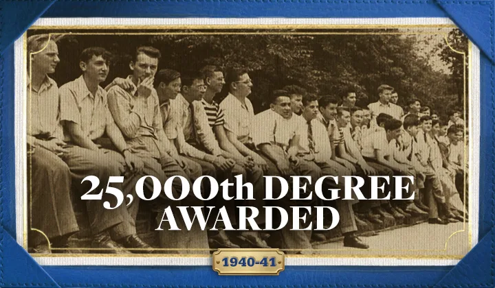 A group of students sitting on a wall on campus with overlayed text reading "25,000 degree awarded - 1940-41."