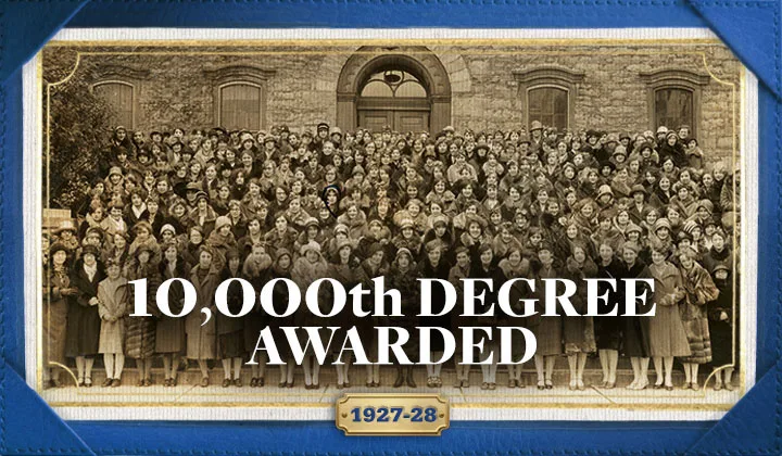 An image of Penn State co-eds with overlayed text reading "10,000th degree awarded - 1927-28."