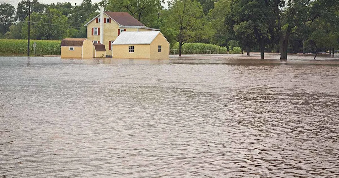 A house, shed, and garage flooding in the distance. 