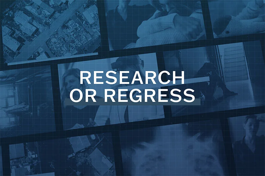 A collage of photos that represent research topics, including: medical training, mental health, an x-ray of a rib cage, and natural disasters.