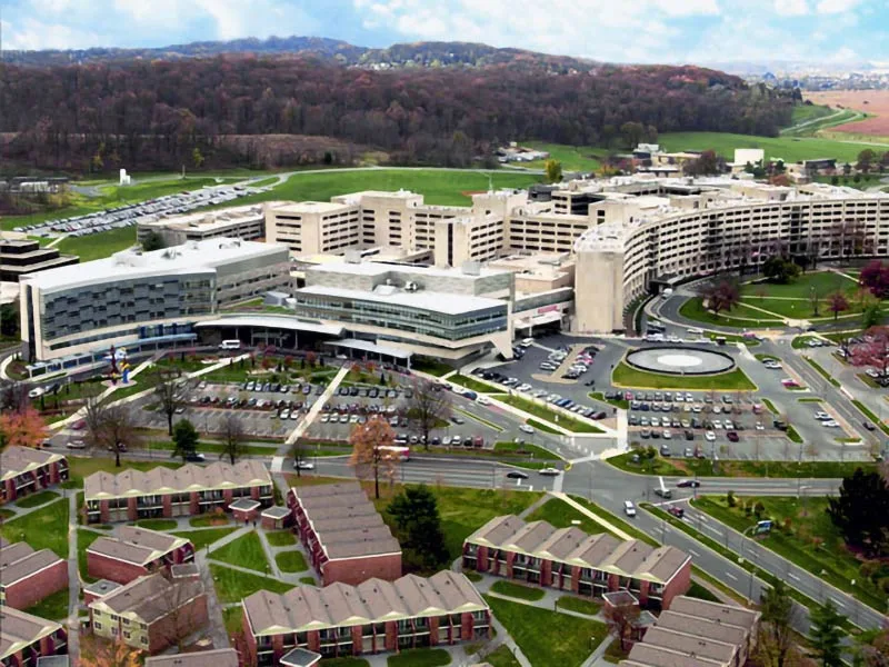 Aerial view of medical complex in Hershey, Pa