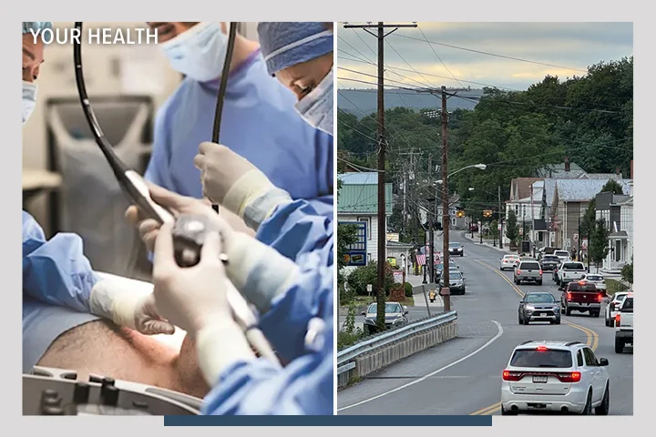A split screen where one half is medical professionals taking an ultrasound and the other is a Pennsylvania town. There is an overlay that says Your Health.