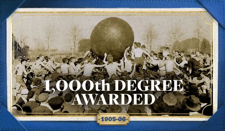 An image of Penn State students playing pushball with the text "1,000 degree awarded - 1905-6."