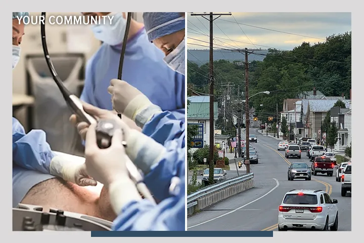 A split screen where one half is medical professionals taking an ultrasound and the other is a Pennsylvania town. There is an overlay that says Your Health.