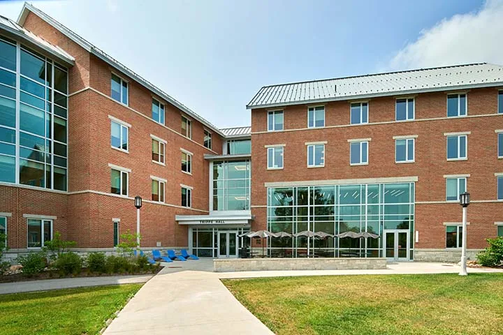Brick and glass exterior of Behrend residence hall