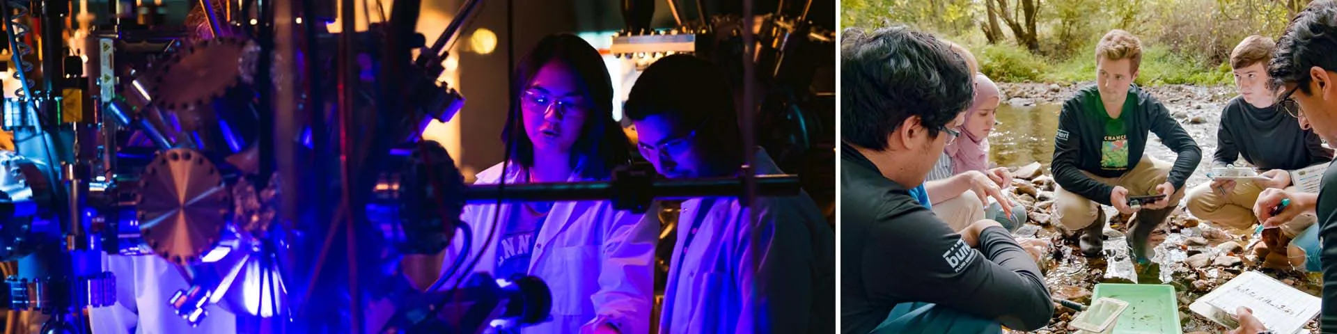 Photo collage of two images, students in a lab on the left and students outdoors next to a creek on the right