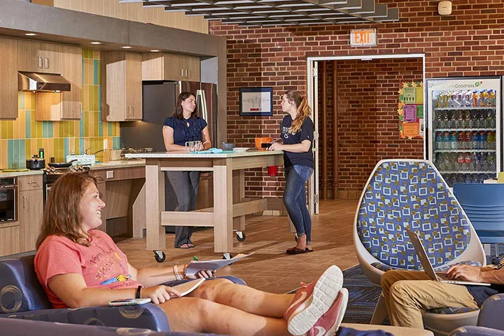 Photo of students hanging out and talking in shared living area of residence hall