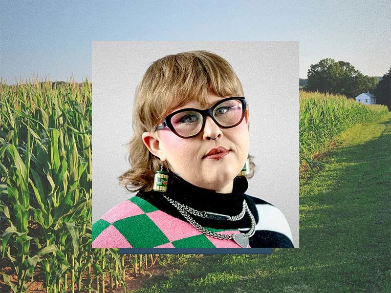 Theo Newbold headshot overlayed on a corn field