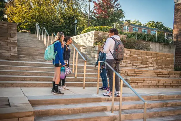 Photo of students standing and talking on outdoor campus stairs