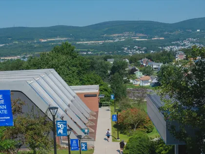A birds-eye view of a large brick building at Penn State Scranton.