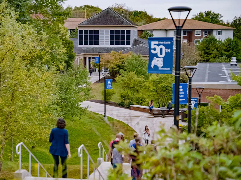 A birds-eye view of a large brick building at Penn State Scranton.