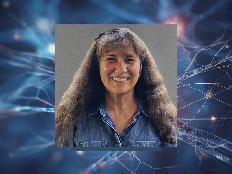Maria DiCola's headshot with a neurological network graphic behind her. 
