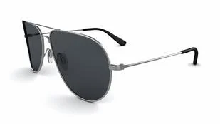 A pair of aviator-style sunglasses with black lenses and a thin metal frame on a white background.