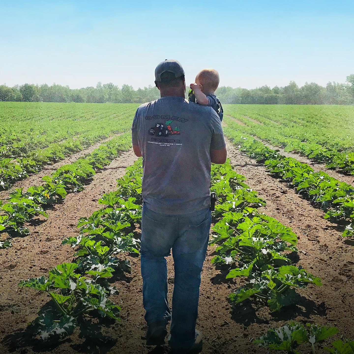 Father looking out at farmland while holding son in arms