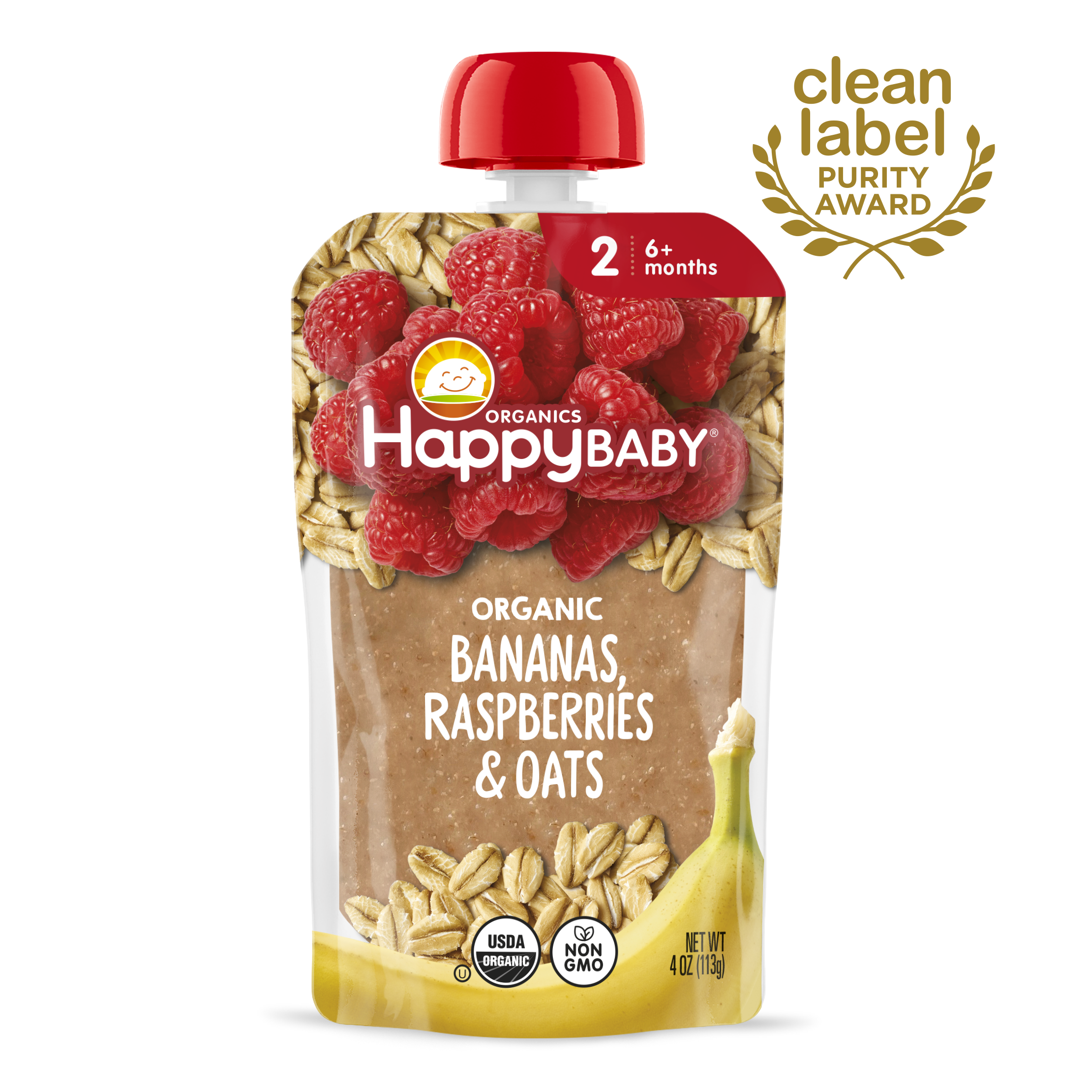 Organic Bananas, Raspberries & Oats Puree Pouches | Happy Baby