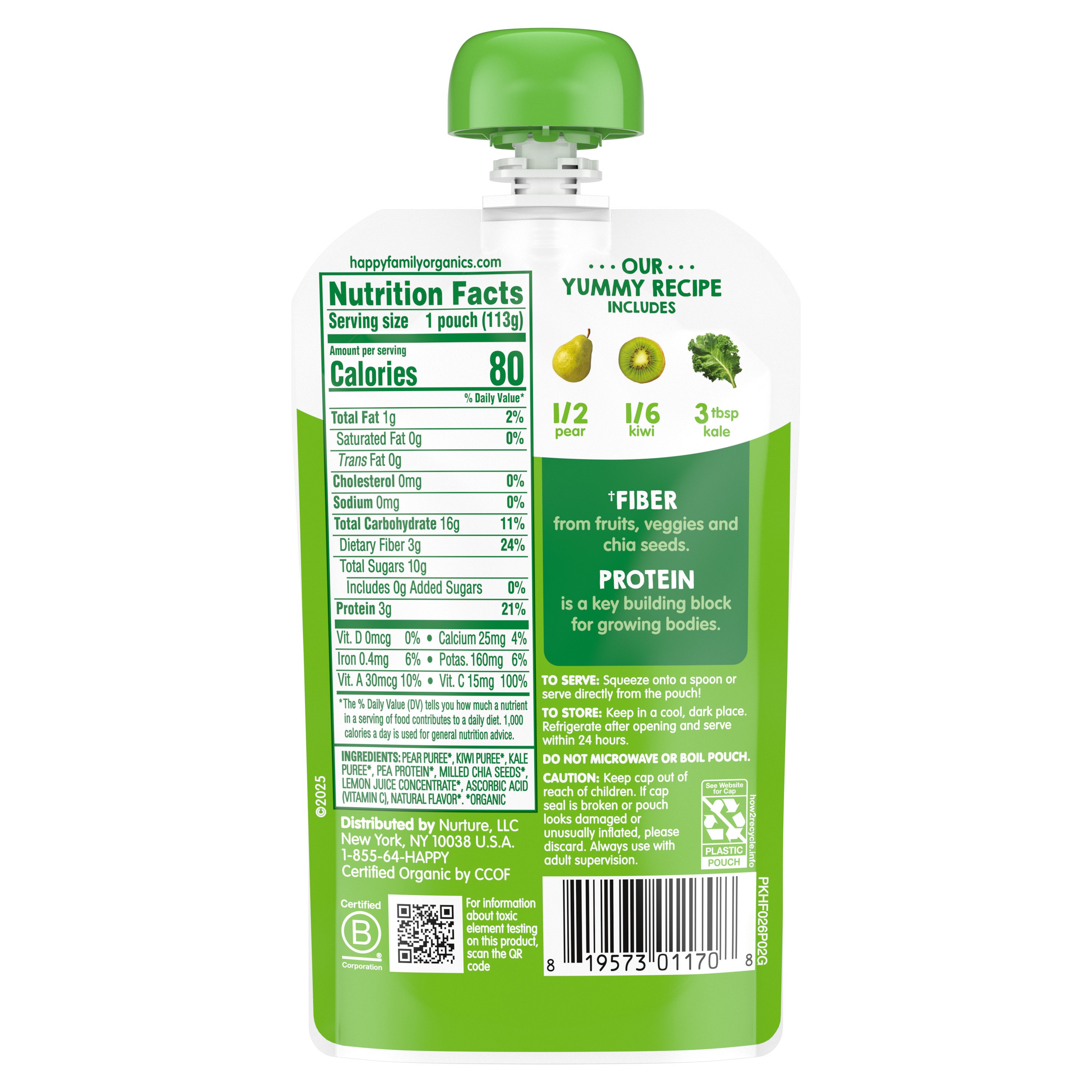 Organic Fiber & Protein Pear, Kiwi & Kale Puree for Toddlers