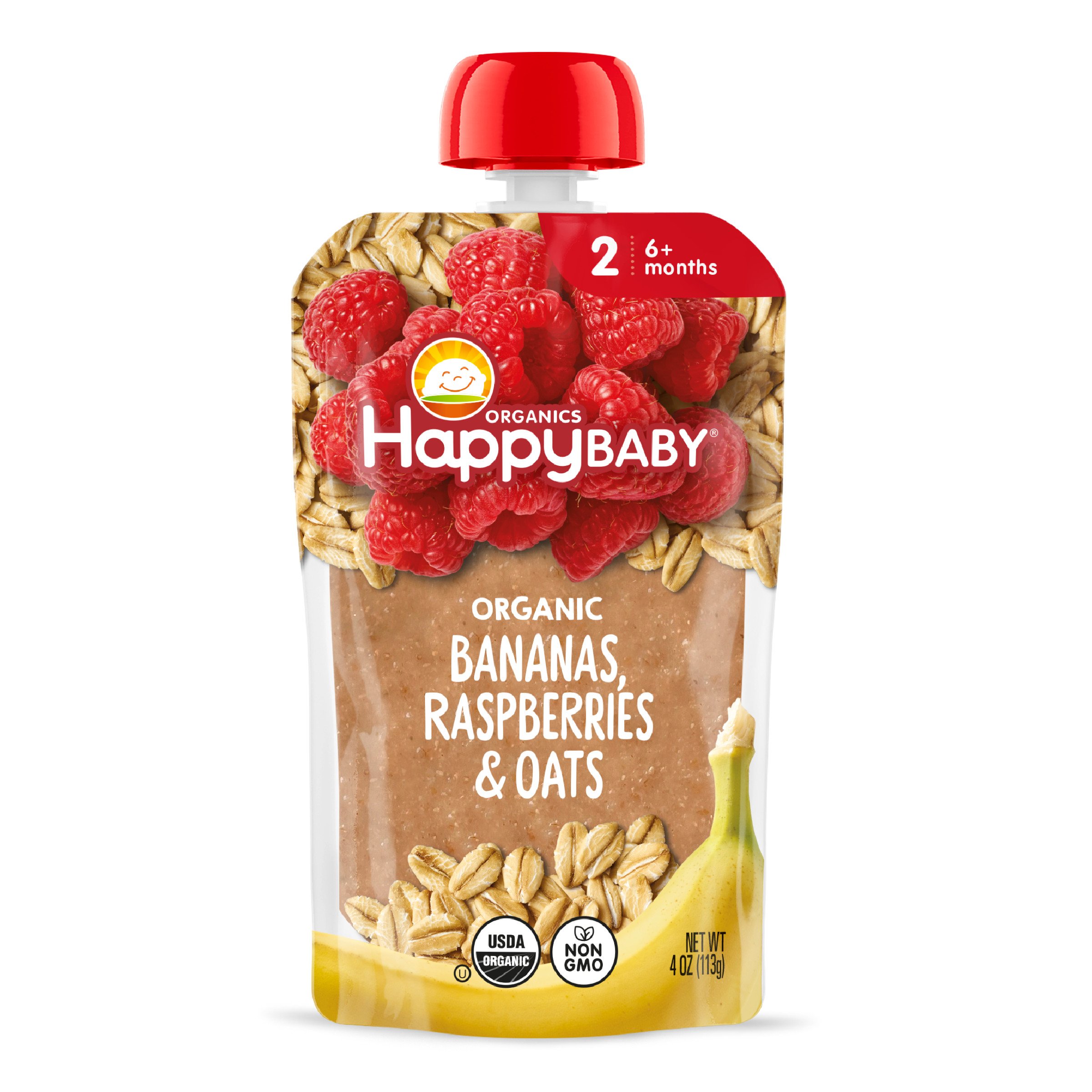 Organic Bananas, Raspberries & Oats Puree Pouches | Happy Baby